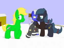 Size: 1280x949 | Tagged: safe, artist:minty candy, oc, oc only, oc:night strike, oc:static charge, earth pony, pegasus, pony, fallout equestria, fallout equestria: empty quiver, broken, clothes, damaged, fraud, indoors, liar, sparks, stealth suit, story, wires