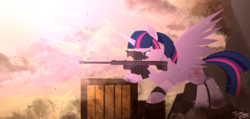 Size: 2513x1193 | Tagged: safe, artist:pedrohander, twilight sparkle, alicorn, pony, g4, cutie mark, female, gun, hooves, horn, mare, optical sight, rifle, sniper rifle, solo, spread wings, twilight sparkle (alicorn), weapon, wings