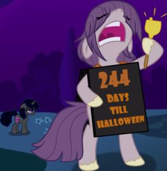 Size: 1319x1350 | Tagged: safe, artist:saphi-boo, oc, oc only, pony, unicorn, bell, bipedal, duo, duo female, female, halloween, mare, nightmare night, nose in the air, open mouth, sign, unamused, yelling