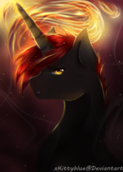 Size: 1073x1500 | Tagged: safe, artist:xkittyblue, oc, oc only, oc:crimson shadow, pony, unicorn, glowing mane, lidded eyes, looking at you, male, solo, stallion, yellow eyes