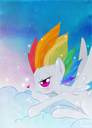 Size: 500x700 | Tagged: safe, artist:tsudashie, rainbow dash, g4, cloud, dawn, female, heart, looking at you, resting, sky, solo, sparkles, super rainbow dash