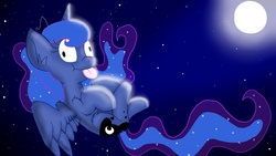 Size: 1152x648 | Tagged: safe, artist:scourgesong, princess luna, pony, g4, derp, female, moon, night, silly, silly pony, solo, tongue out