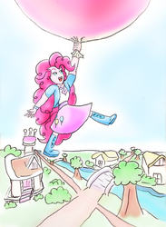 Size: 1216x1664 | Tagged: safe, artist:tanishi194, pinkie pie, equestria girls, g4, balloon, clothes, female, floating, skirt, solo, then watch her balloons lift her up to the sky