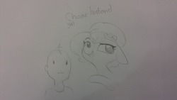 Size: 1280x720 | Tagged: safe, artist:tjpones, oc, oc only, oc:brownie bun, oc:richard, earth pony, human, pony, horse wife, dialogue, lineart, pointing, shiny, shiny bald head, sketch, sparkles, traditional art