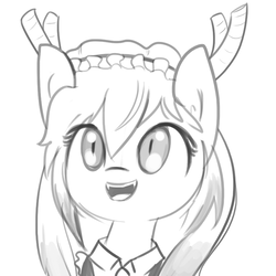 Size: 792x792 | Tagged: safe, artist:tjpones, dracony, hybrid, pony, bust, clothes, grayscale, horn, miss kobayashi's dragon maid, monochrome, open mouth, ponified, portrait, simple background, smiling, solo, tohru, white background