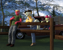 Size: 2400x1920 | Tagged: safe, artist:jawolfadultishart, apple bloom, applejack, big macintosh, earth pony, anthro, plantigrade anthro, g4, 3d, chevrolet, clothes, daz studio, fence, laughing, leaning, male, not sfm, smiling, truck