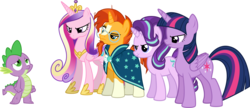 Size: 7439x3203 | Tagged: safe, artist:drakizora, princess cadance, spike, starlight glimmer, sunburst, twilight sparkle, alicorn, dragon, pony, unicorn, g4, the times they are a changeling, .svg available, a changeling can change, absurd resolution, angry, concave belly, simple background, singing, slender, song, thin, transparent background, twilight sparkle (alicorn), vector