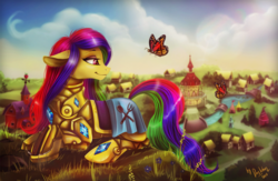 Size: 1024x666 | Tagged: safe, artist:das_leben, oc, oc only, butterfly, earth pony, pony, armor, commission, female, looking back, mare, ponyville, prone, scenery, signature, smiling, solo