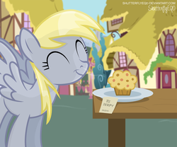 Size: 2343x1954 | Tagged: safe, artist:shutterflyeqd, derpy hooves, pegasus, pony, equestria daily, g4, ^^, cute, derpy day, derpy day 2017, eyes closed, female, food, muffin, ponyville, smiling, solo, table, that pony sure does love muffins