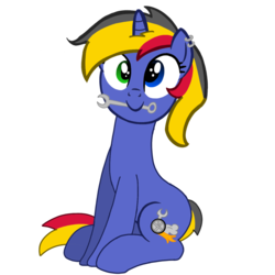 Size: 1500x1500 | Tagged: safe, artist:toyminator900, oc, oc only, oc:wheelie rims, pony, unicorn, cute, ear piercing, earring, female, heterochromia, jewelry, looking at you, mare, mechanic, mouth hold, ocbetes, piercing, simple background, sitting, smiling, solo, toyminator900 is trying to murder us, transparent background, wrench