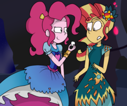 Size: 757x632 | Tagged: safe, artist:rozzertrask, pinkie pie, sunset shimmer, equestria girls, g4, legend of everfree - bloopers, my little pony equestria girls: legend of everfree, cave, clothes, crystal gala, dress, duo, food, marshmallow, scene interpretation