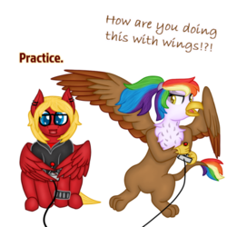 Size: 500x500 | Tagged: safe, artist:timid tracks, oc, oc only, oc:katie jay ewing, oc:rainbow feather, griffon, clothes, controller, dialogue, interspecies offspring, jacket, joystick, magical lesbian spawn, offspring, parent:gilda, parent:rainbow dash, parents:gildash, piercing, video game, wings