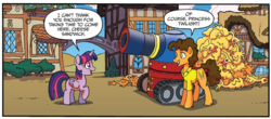 Size: 1309x578 | Tagged: safe, artist:tonyfleecs, idw, official comic, cheese sandwich, twilight sparkle, alicorn, earth pony, pony, g4, spoiler:comic, spoiler:guardians of harmony, duo, female, male, mare, party tank, rubber chicken, speech bubble, stallion, twilight sparkle (alicorn)