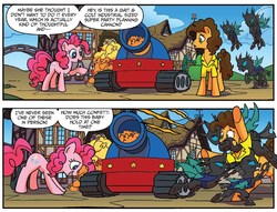 Size: 1315x1004 | Tagged: safe, artist:tonyfleecs, idw, official comic, cheese sandwich, pinkie pie, changeling, earth pony, pony, g4, spoiler:comic, spoiler:guardians of harmony, comic, female, male, mare, party tank, speech bubble, stallion