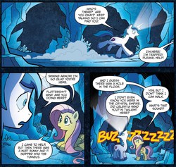 Size: 1302x1232 | Tagged: safe, artist:tonyfleecs, idw, official comic, fluttershy, shining armor, pegasus, pony, unicorn, g4, spoiler:comic, spoiler:guardians of harmony, cave, comic, crystal, glowing horn, horn, male, speech bubble, stallion