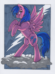 Size: 2162x2917 | Tagged: safe, artist:stormblaze-pegasus, firefly, g1, g4, cloud, female, g1 to g4, generation leap, grin, high res, lightning, rearing, smiling, solo, traditional art