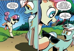Size: 1372x943 | Tagged: safe, artist:andypriceart, idw, official comic, bon bon, lyra heartstrings, sweetie drops, earth pony, pony, unicorn, g4, spoiler:comic, spoiler:guardians of harmony, best friends, comic, disguise, disguised changeling, duo, female, lyra is not amused, mare, secret agent sweetie drops, speech bubble, sunglasses, unamused