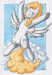 Size: 2295x3340 | Tagged: safe, artist:stormblaze-pegasus, surprise, pegasus, pony, g1, g4, eyes closed, female, g1 to g4, generation leap, grin, high res, smiling, solo, traditional art