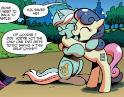 Size: 770x605 | Tagged: safe, artist:andypriceart, official comic, bon bon, lyra heartstrings, sweetie drops, earth pony, pony, unicorn, g4, idw, spoiler:comic, spoiler:guardians of harmony, dialogue, do ships need sails, duo, eyes closed, female, happy, hug, lesbian, mare, open mouth, ship:lyrabon, shipping, sitting, smiling, speech bubble