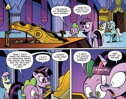 Size: 1363x1073 | Tagged: safe, artist:andy price, idw, official comic, bon bon, lyra heartstrings, spike, sweetie drops, twilight sparkle, alicorn, dragon, earth pony, pony, unicorn, g4, spoiler:comic, spoiler:guardians of harmony, armor of friendship, comic, female, male, mare, speech bubble, twilight sparkle (alicorn), twilight's castle