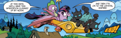 Size: 1227x385 | Tagged: safe, artist:andy price, idw, official comic, spike, twilight sparkle, alicorn, changeling, dragon, pony, g4, my little pony annual 2017, spoiler:comic, armor of friendship, female, flying, male, mare, speech bubble, twilight sparkle (alicorn)