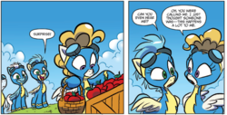 Size: 1312x669 | Tagged: safe, artist:jay fosgitt, idw, official comic, fleetfoot, misty fly, surprise, pegasus, pony, g4, spoiler:comic, spoiler:guardians of harmony, apple, basket, clothes, comic, female, food, goggles, mare, speech bubble, uniform, wonderbolts, wonderbolts uniform