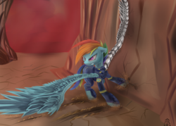 Size: 2450x1750 | Tagged: safe, artist:skyresonance, rainbow dash, pegasus, pony, g4, the cutie re-mark, alternate timeline, amputee, apocalypse dash, augmented, badass, crystal war timeline, female, fight, gritted teeth, mare, prosthetic limb, prosthetic wing, prosthetics, skidding, soldier, solo, torn ear