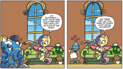 Size: 1306x734 | Tagged: safe, artist:jay fosgitt, idw, official comic, fleetfoot, fluttershy, misty fly, soarin', surprise, dog, duck, pegasus, pony, tortoise, g4, my little pony annual 2017, spoiler:comic, clothes, comic, couch, cup, female, male, mare, sitting, speech bubble, stallion, teacup, uniform, wonderbolts uniform