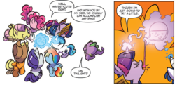 Size: 1319x639 | Tagged: safe, artist:jay fosgitt, idw, official comic, applejack, fluttershy, pinkie pie, rainbow dash, rarity, shining armor, spike, twilight sparkle, alicorn, dragon, earth pony, pegasus, pony, unicorn, g4, spoiler:comic, spoiler:guardians of harmony, comic, female, magic, male, mane six, mare, potion, speech bubble, telekinesis, twilight sparkle (alicorn)