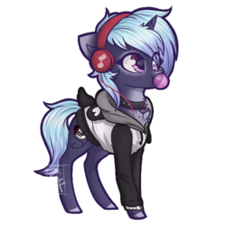 Size: 500x500 | Tagged: safe, artist:monogy, oc, oc only, oc:panda party, pony, unicorn, bubblegum, clothes, female, floppy ears, food, gum, headphones, hoodie, mare, simple background, solo, transparent background
