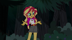 Size: 1280x720 | Tagged: safe, screencap, sunset shimmer, equestria girls, g4, my little pony equestria girls: legend of everfree, clothes, female, forest, legs, open mouth, scenery, shorts, solo