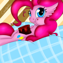 Size: 4499x4499 | Tagged: safe, artist:greenfox27, pinkie pie, g4, absurd resolution, cake, eating, female, food, on back, solo