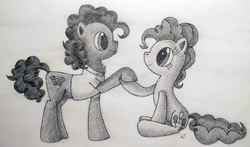 Size: 1920x1130 | Tagged: safe, artist:moonsheid, cheese sandwich, pinkie pie, g4, holding hooves, monochrome, sitting, traditional art