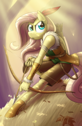 Size: 1024x1583 | Tagged: safe, artist:ketirz, fluttershy, pegasus, anthro, unguligrade anthro, g4, archer, arrow, bow (weapon), bow and arrow, clothes, female, quiver, solo, weapon