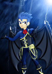 Size: 1600x2263 | Tagged: safe, artist:jucamovi1992, flash sentry, vampire, equestria girls, g4, bat wings, blood, boots, clothes, cravat, ear piercing, earring, fangs, gloves, jewelry, lightning, looking at you, male, piercing, purple eyes, rain, solo, species swap