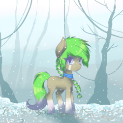 Size: 1000x1000 | Tagged: safe, artist:halcyondrop, oc, oc only, oc:tigris andante, snow, solo, tree, winter