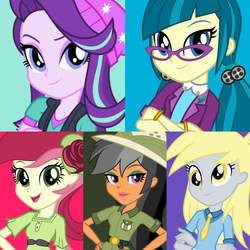Size: 1920x1920 | Tagged: safe, chestnut magnifico, daring do, derpy hooves, juniper montage, roseluck, starlight glimmer, equestria girls, equestria girls specials, g4, my little pony equestria girls: mirror magic, my little pony equestria girls: movie magic, official, arm behind back, bauble, beanie, belt, bracelet, clothes, costume, counterparts, crossed arms, eyeshadow, female, glasses, hair tie, hand on hip, hat, jewelry, lapel pin, looking at you, makeup, necktie, pigtails, pith helmet, rolled up sleeves, shirt, smiling, spoiler, twilight's counterparts, twintails, vest, watch, wristwatch