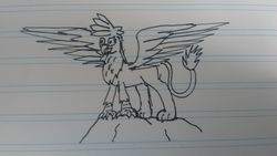 Size: 2560x1440 | Tagged: safe, artist:summerium, oc, oc only, oc:kalimu, griffon, doodle, grayscale, lined paper, monochrome, solo, spread wings, traditional art, wings