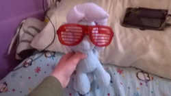 Size: 2592x1456 | Tagged: artist needed, safe, oc, oc only, oc:snowdrop, irl, photo, plushie, shutter shades, sunglasses