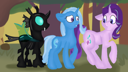 Size: 1280x720 | Tagged: safe, artist:jbond, starlight glimmer, thorax, trixie, changeling, pony, unicorn, g4, to where and back again, female, implied discord, male, mare, reformed four, scene interpretation