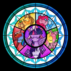 Size: 3000x3000 | Tagged: safe, artist:shadowkixx, applejack, fluttershy, pinkie pie, rainbow dash, rarity, twilight sparkle, alicorn, pony, g4, dive to the heart, high res, mane six, stained glass, twilight sparkle (alicorn)