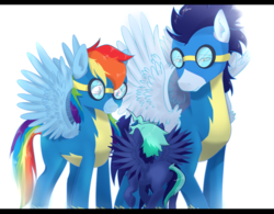 Size: 893x697 | Tagged: safe, artist:gamblingfoxinahat, rainbow dash, soarin', oc, oc:sky dust, pegasus, pony, g4, clothes, colt, goggles, male, offspring, parent:rainbow dash, parent:soarin', parents:soarindash, ship:soarindash, shipping, straight, uniform, wonderbolts uniform