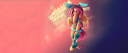 Size: 3873x1634 | Tagged: safe, artist:sugarlesspaints, edit, fluttershy, pegasus, pony, semi-anthro, g4, blushing, bunny ears, clothes, colored pupils, colored wings, colored wingtips, costume, cute, dangerous mission outfit, female, flying, hoodie, mare, shyabetes, smiling, socks, solo, striped socks, sunset, wallpaper, wallpaper edit