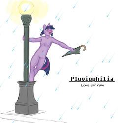 Size: 540x558 | Tagged: dead source, safe, artist:sehad, twilight sparkle, anthro, unguligrade anthro, big book of fetishes, g4, armpits, barbie doll anatomy, blushing, breasts, educational, featureless breasts, female, fetish, light post, pluviophilia, rain, simple, simple background, singin' in the rain, solo, umbrella