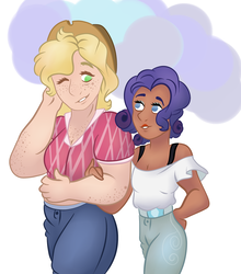 Size: 1024x1163 | Tagged: safe, artist:bewarethemusicman, applejack, rarity, human, g4, alternate hairstyle, dark skin, female, freckles, humanized, lesbian, ship:rarijack, shipping