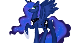 Size: 1280x720 | Tagged: safe, artist:jbond, princess luna, alicorn, pony, g4, butt, female, mare, plot, raised hoof, simple background, smiling, solo, spread wings, white background, wings