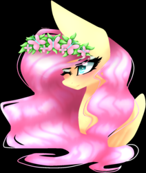 Size: 1208x1427 | Tagged: safe, artist:pinkiedashironi, fluttershy, g4, black background, bust, female, floral head wreath, flower, portrait, simple background, solo