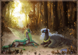 Size: 1753x1240 | Tagged: safe, artist:begasus, nightmare moon, queen chrysalis, alicorn, changeling, classical unicorn, pony, g4, cloven hooves, eyeshadow, female, forest, horn, leonine tail, lesbian, looking at each other, makeup, missing accessory, prone, scenery, ship:chrysmoon, shipping, smiling, unshorn fetlocks