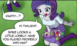 Size: 800x481 | Tagged: safe, artist:uotapo, edit, rarity, sci-twi, spike, twilight sparkle, dog, equestria girls, g4, bellyrubs, blushing, boots, breasts, cleavage, clothes, comic, double entendre, eyes on the prize, female, high heel boots, interspecies, jewelry, shoes, skirt, sneakers, socks, spike the dog, this will end in tears and/or death