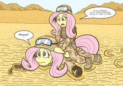Size: 1800x1250 | Tagged: safe, artist:regularmouseboy, fluttershy, human, pegasus, pony, equestria girls, g4, backpack, body armor, boots, camouflage, clothes, crossover, cute, desert, frown, gun, handgun, helmet, holster, hoofprints, human ponidox, humans riding ponies, middle east, military, military uniform, mounting, pistol, riding, sad, sand, scared, self ponidox, self riding, squeak, suppressor, tired, uniform